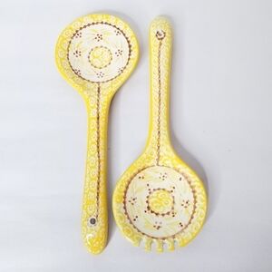 Temp-Tations by Tara Yellow Floral Ceramic Salad Serving Spoon and Fork
